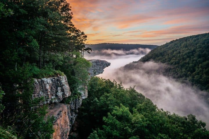 A colorful sunrise and fog at Whitaker Point / Hawksbill Crag.