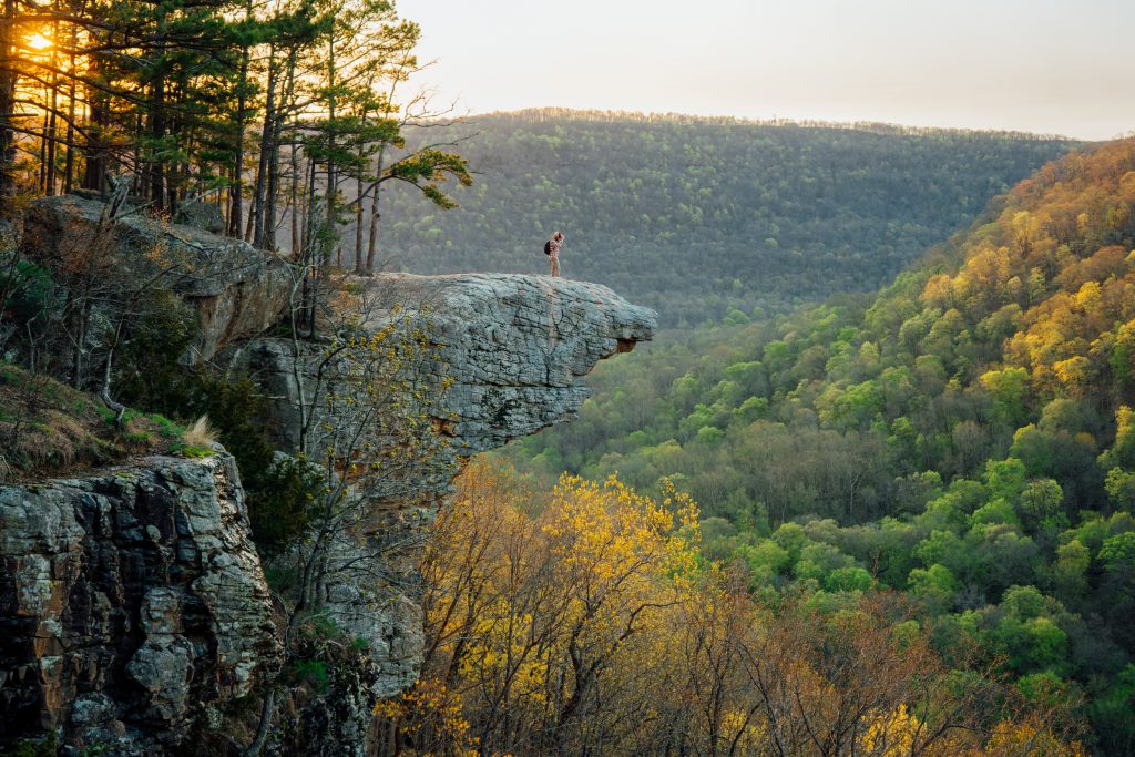 Solo hiker at Whitaker Point in the upper Buffalo River wilderness of Arkansas