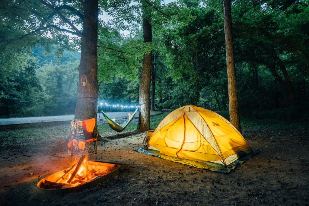 A serene campsite along the Buffalo National River in Arkansas.