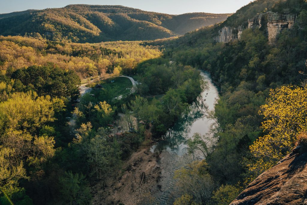 A view of Kyle's Landing Campground from one of the towering bluffs across the river.